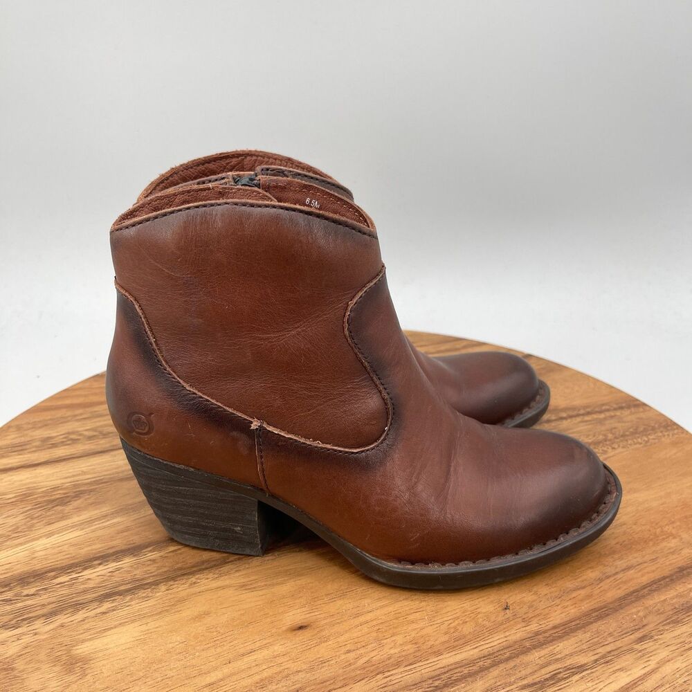 Born Boots Womens Size 6.5 M Brown Leather Casual Side Zip Ankle Cognac